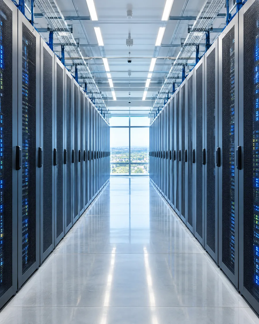 A long aisle of server racks in a bright data centre