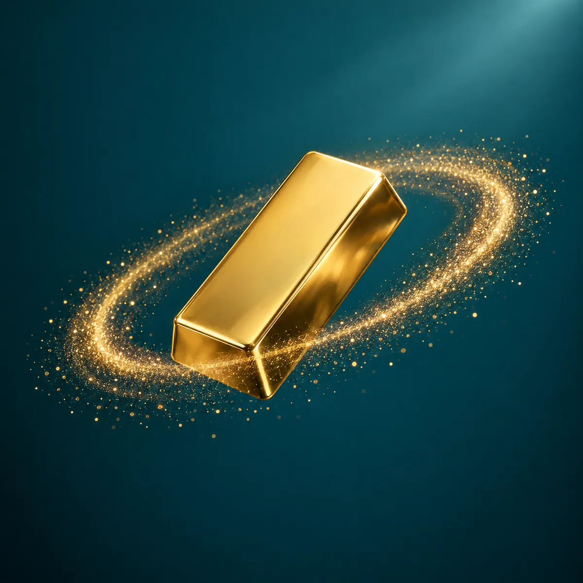 A gold bar circled by a ring of gold dust on a deep teal background