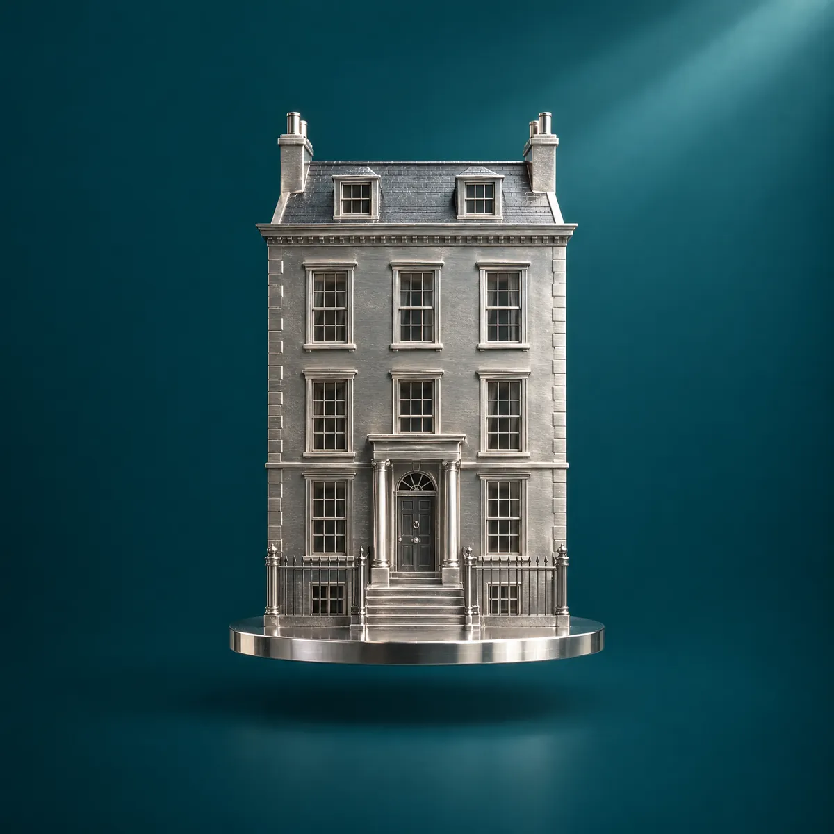 A silver architectural model of a Georgian townhouse on a round plinth