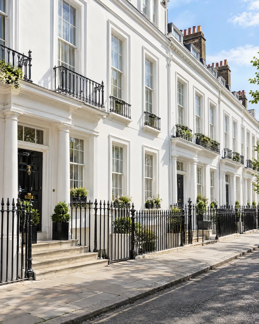 A row of white Georgian townhouses on a quiet street